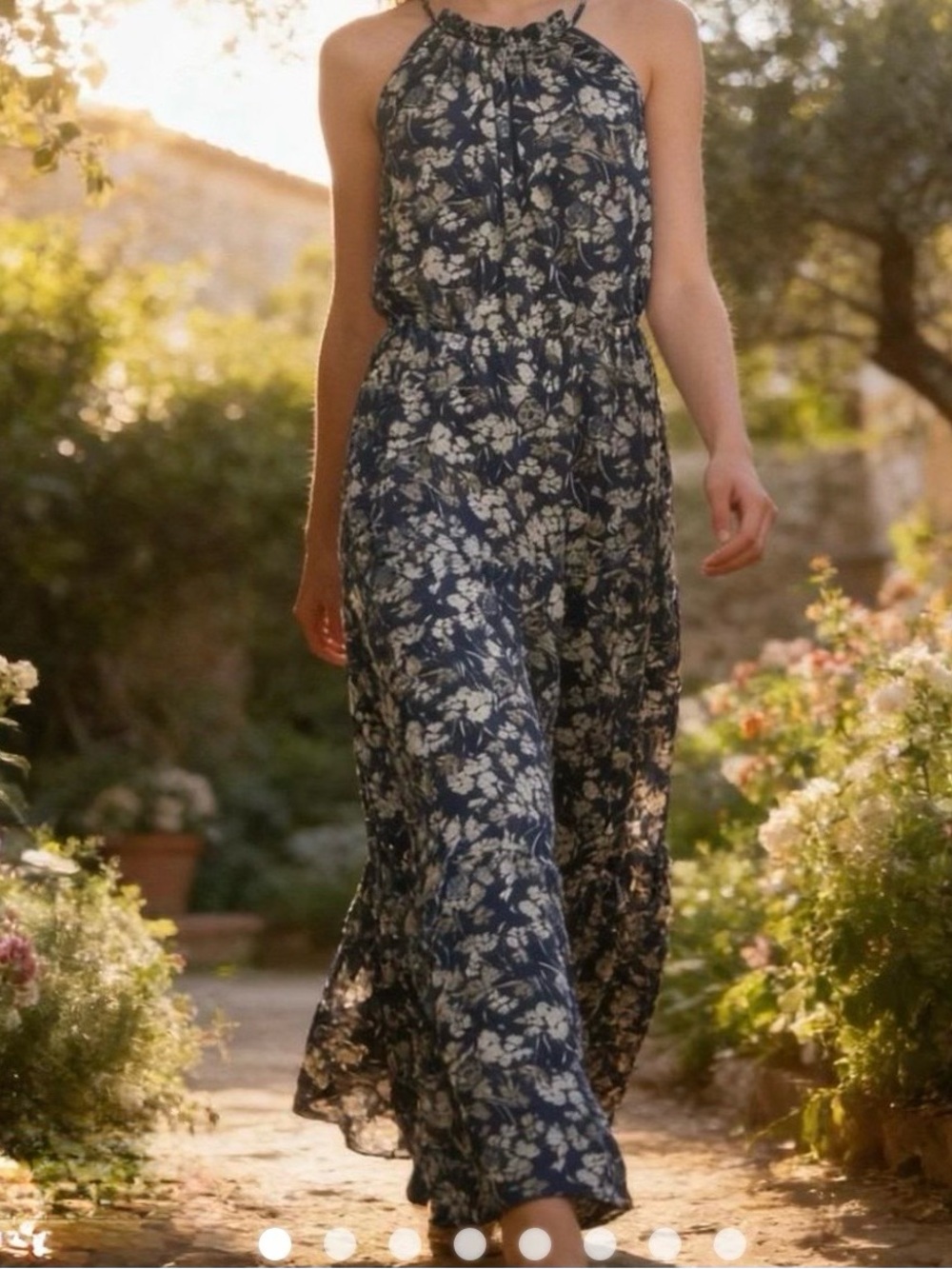 LOFT Blue & Cream Floral Halter Maxi Dress with Waist Tie
